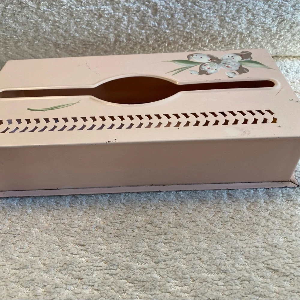 Vintage Tole Ware Metal Hand Painted Pink Floral Wall Tissue Box Cover